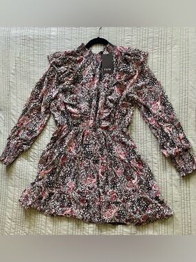 Fate Black and Pink Paisley Smocked-Waist Long Sleeve Dress